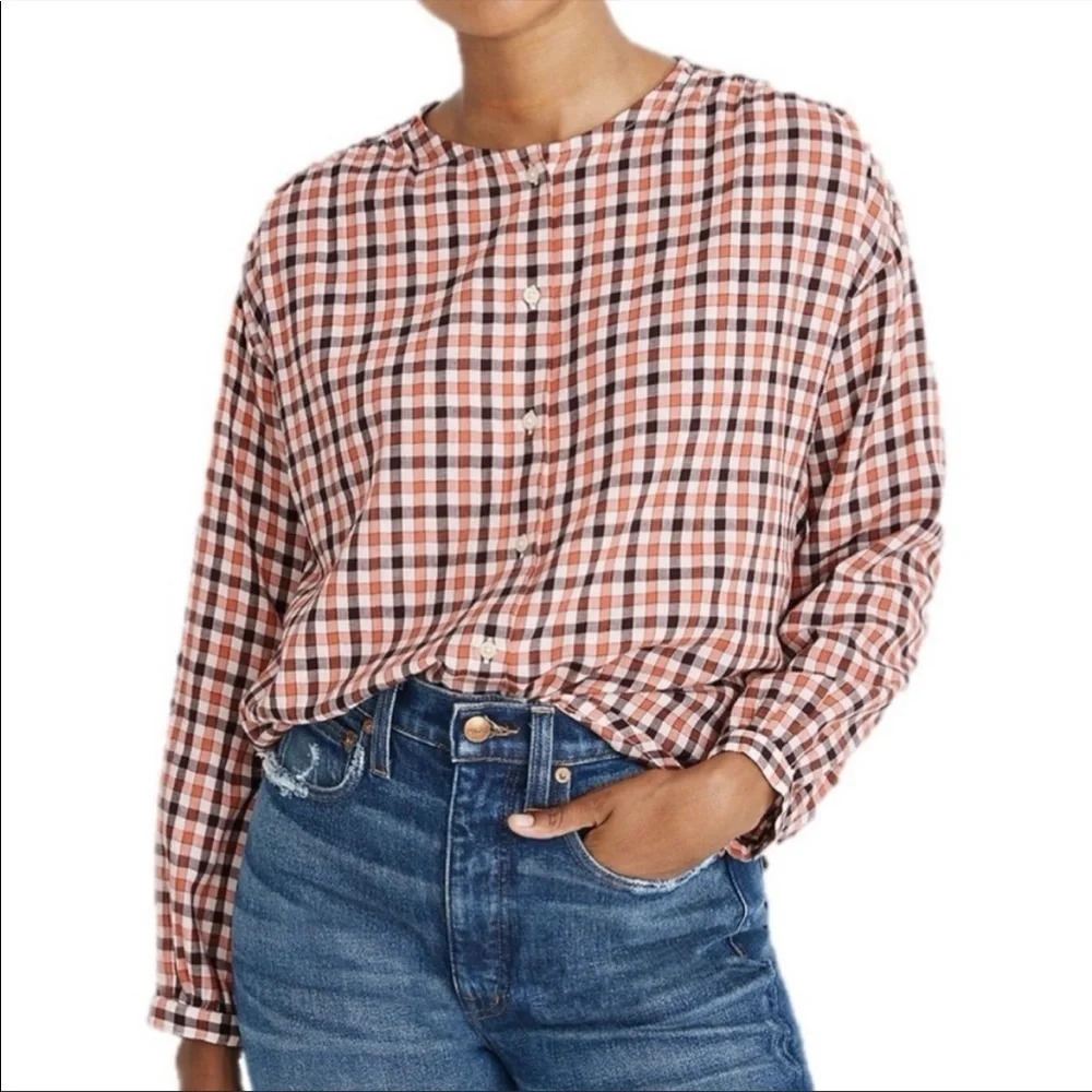 Madewell Meadow Check Orange Plaid Button Down Shirt Top Size M 100% Cotton